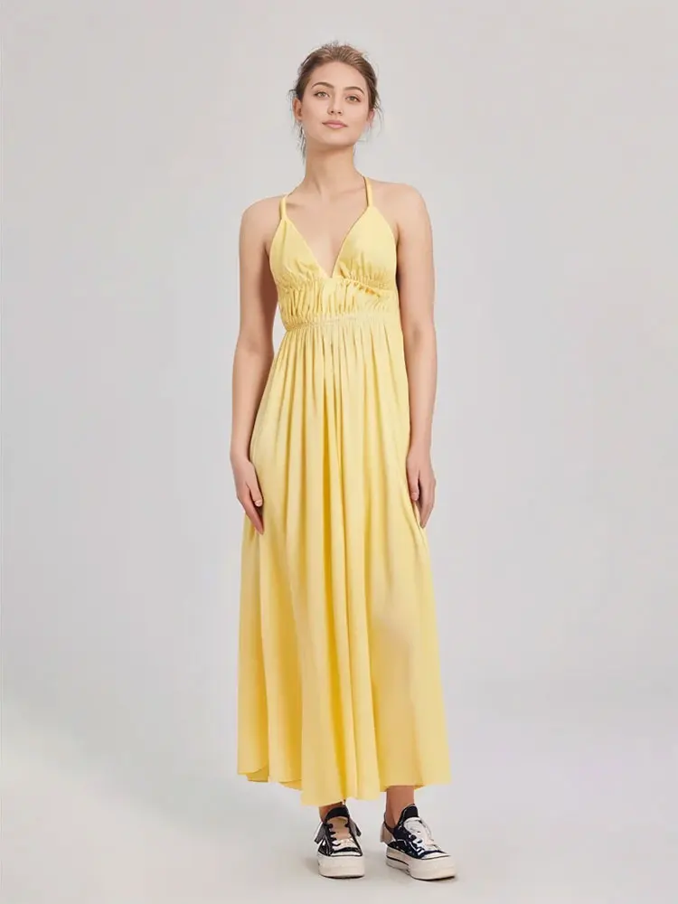 HH Women Elegant Yellow Sleeveless Dress Sexy Backless V-Neck Camisole Long Dresses Fashion Female Party Evening Dress