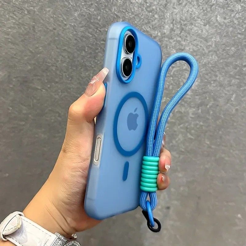 Ultrathin Matte Candy Colored Magnetic Phone Case with Wrist Strap and Magsafe Cover