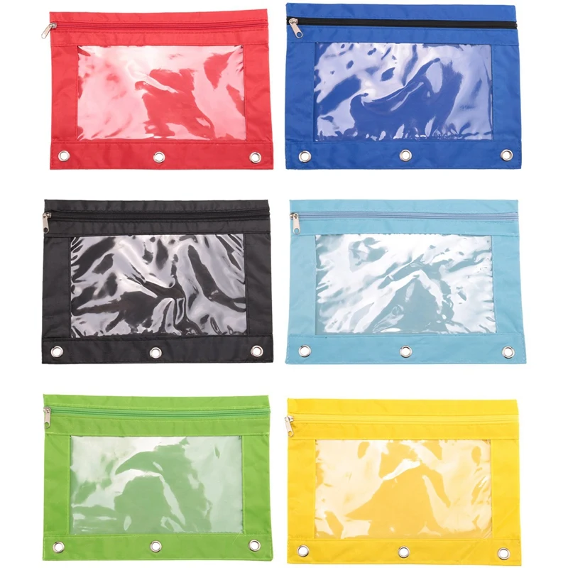 

6 Piece Colorful 3 Ring Zipper Pencil Pouch Fabric Pencil Case Sturdy AU Durable Binder Pouch With Clear Window