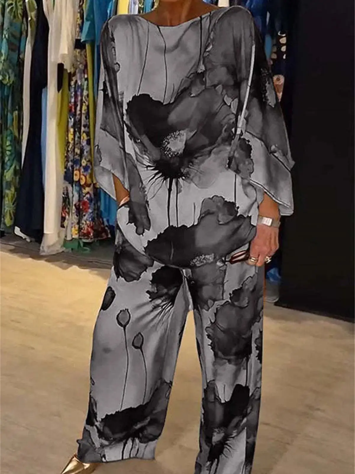 Women's Print 2 Piece Set 2024 New Elegant Loose Suit O-Neck Batsleeve Top Drawstring Pants Casual Fashion Satin Spring Summer