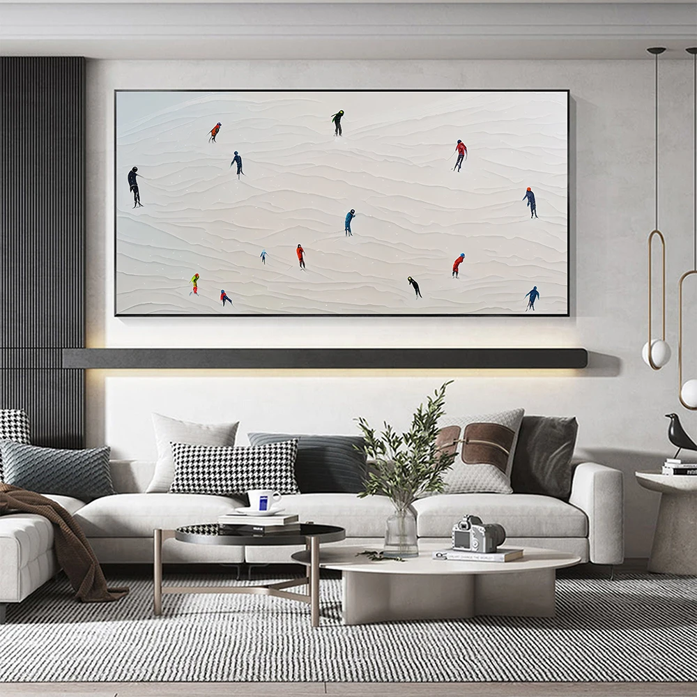 

Hand Painted Oil Painting Abstract White Skiing Oil Painting Ski Sports Painting Large Modern Wall Art Living Room Wall Decor