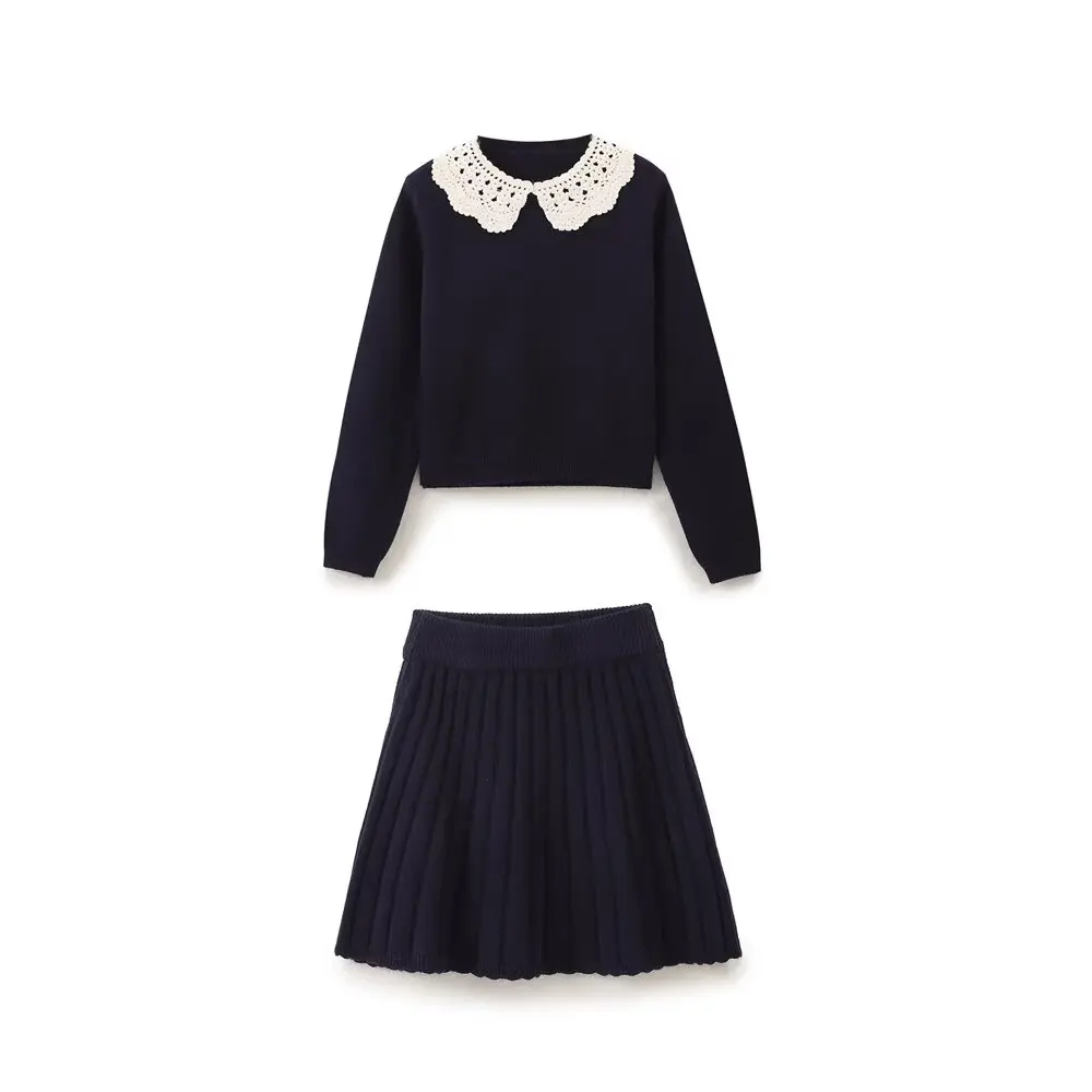Traje de dos piezas de moda para mujer HH TRAF, jersey de punto con cuello redondo, manga larga y cuello de crochet en contraste, minifalda plisada lisa