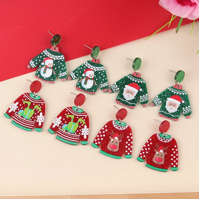 Christmas Earrings for Women Glitter Sweater Shaped Acrylic Dangle Earrings Cute Elk Snowman Santa Claus Party Jewelry Gifts