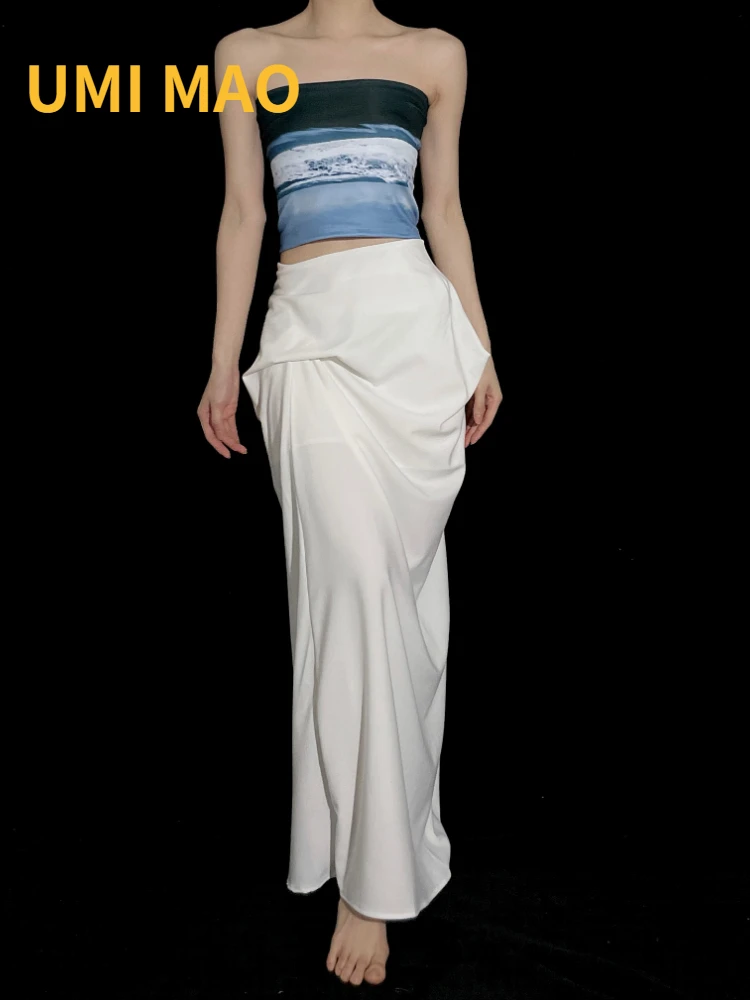 UMI MAO Niche Design Dark Wind Twill Drape Asymmetrical Vertical Cut High Waist Slim Long Skirt Female Solid Color Y2K