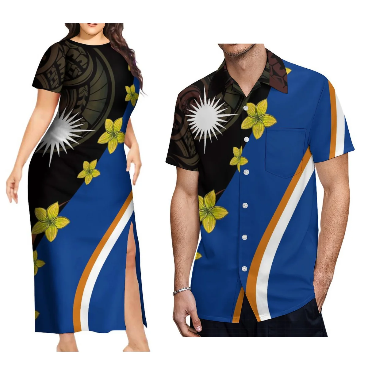 

Island Style Blue Couple Suit Polynesian Tribe Design Women'S Slit Dress Slim-Fit Dress With Men'S Beach Casual Shirt