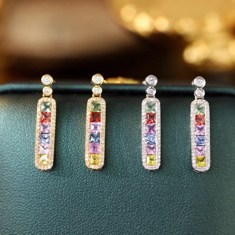 Aazuo 100% 18K White Gold Yellow Gold Natural Sappires Real Diamond Long Drop Earrings Gifted For Women Engagement Wedding Party