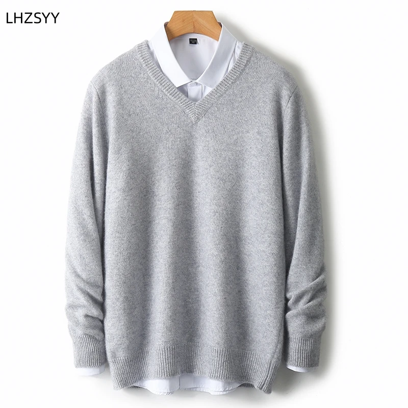 LHZSYY Men's V-Neck Cashmere Sweater 23Autumn Winter New Thick Solid Pullovers Loose Knit Base Shirt Business Casual Jacket Tops 5