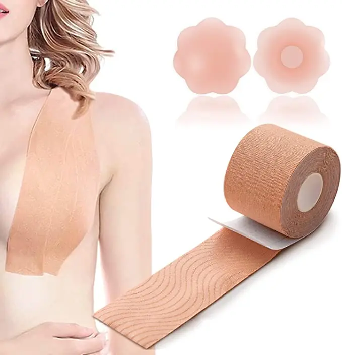 

6 PCS Breast Lift Boob Tape with 1 Pair Reusable Silicone Nipple Cover Free-cut Breathable Chest Support Elastic Bandage
