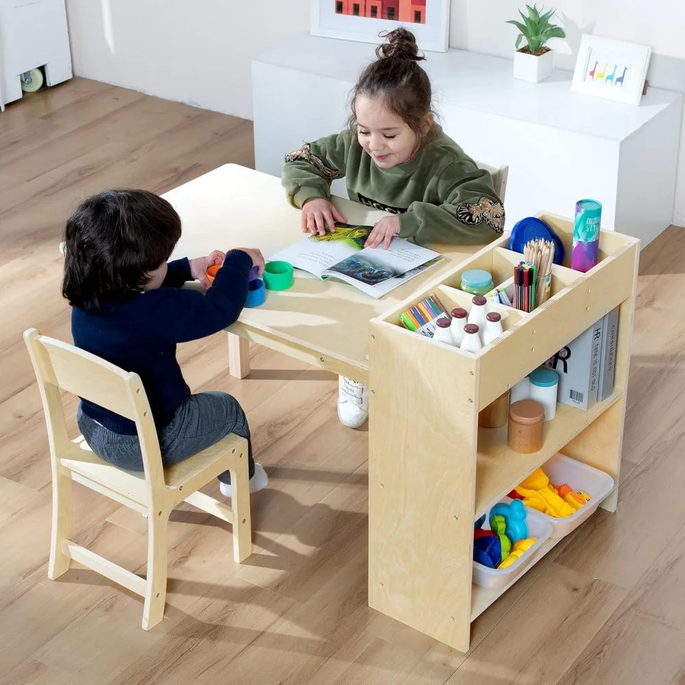 Kids Art Table and Chair Set, Birch Wooden Activity Craft Table, Kids Drawing Table, Toddler Desk with Storage and 1 Chair 6