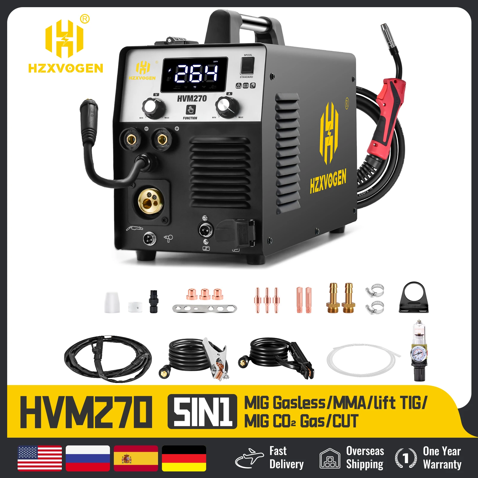 HZXVOGEN HVM270 Welder Gasless & Gas MIG CUT LIFT TIG MMA Multifunction LCD Welding Machine Synergy 5 IN 1 Non-HF Plasma Cutter