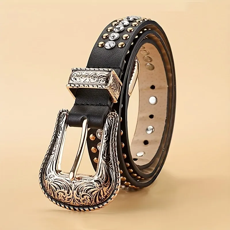 Women's Belt Vintage Carved Buckle Thin Belt Fashion Rhinestone Rivet Personalized Street Men's Belt Punk HipHop Rock Y2K Style