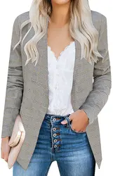 Casaco de cardigan de escritório de trabalho de manga longa blazer de bolsos dianteiros abertos femininos