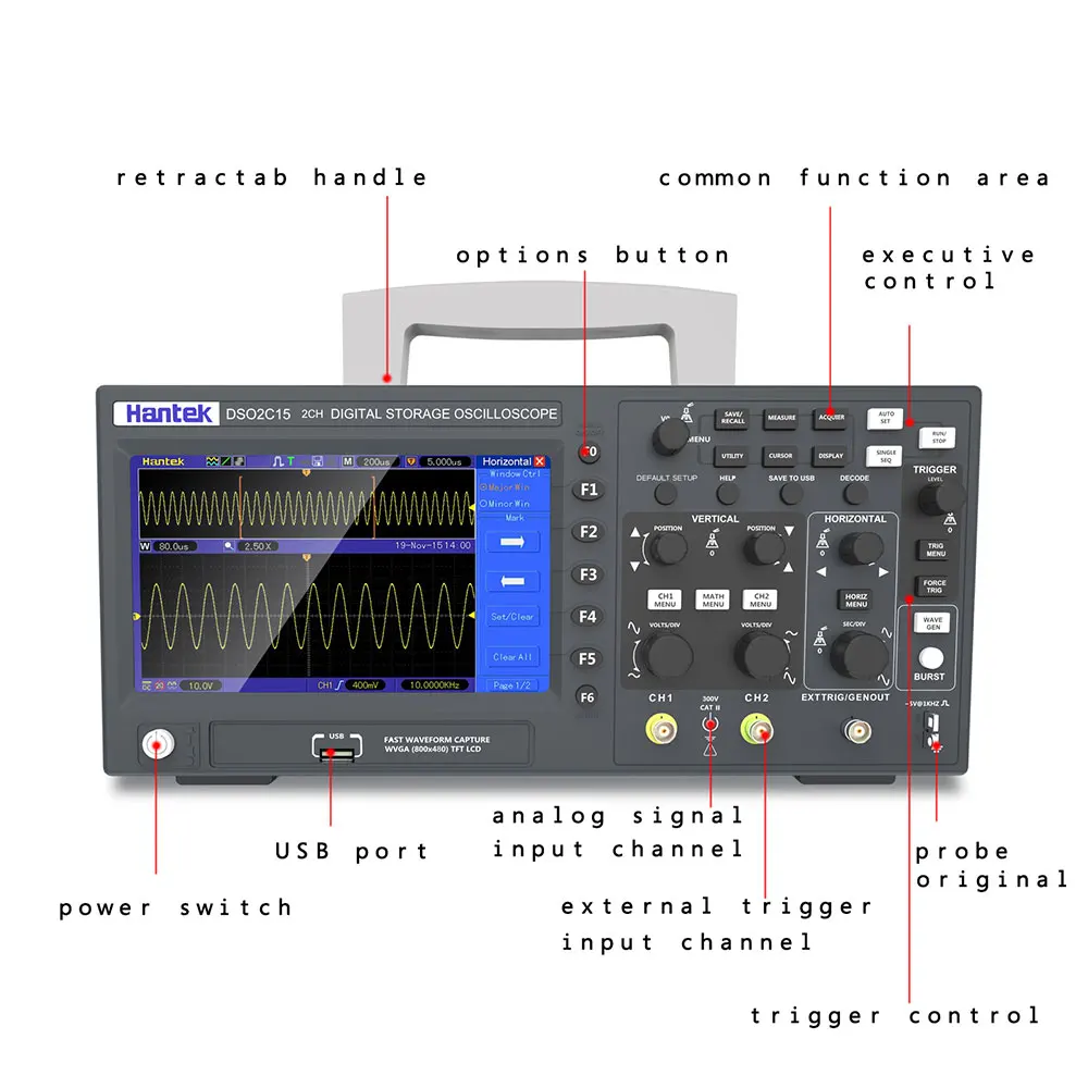 Description Picture 4 of itemHantek Digital Oscilloscopes DSO Series DSO2D15 USB Oscilloscope, Multimeter Tester 100Mhz/150Mhz Memory DSO2C15 DSO2D10 DSO2C10