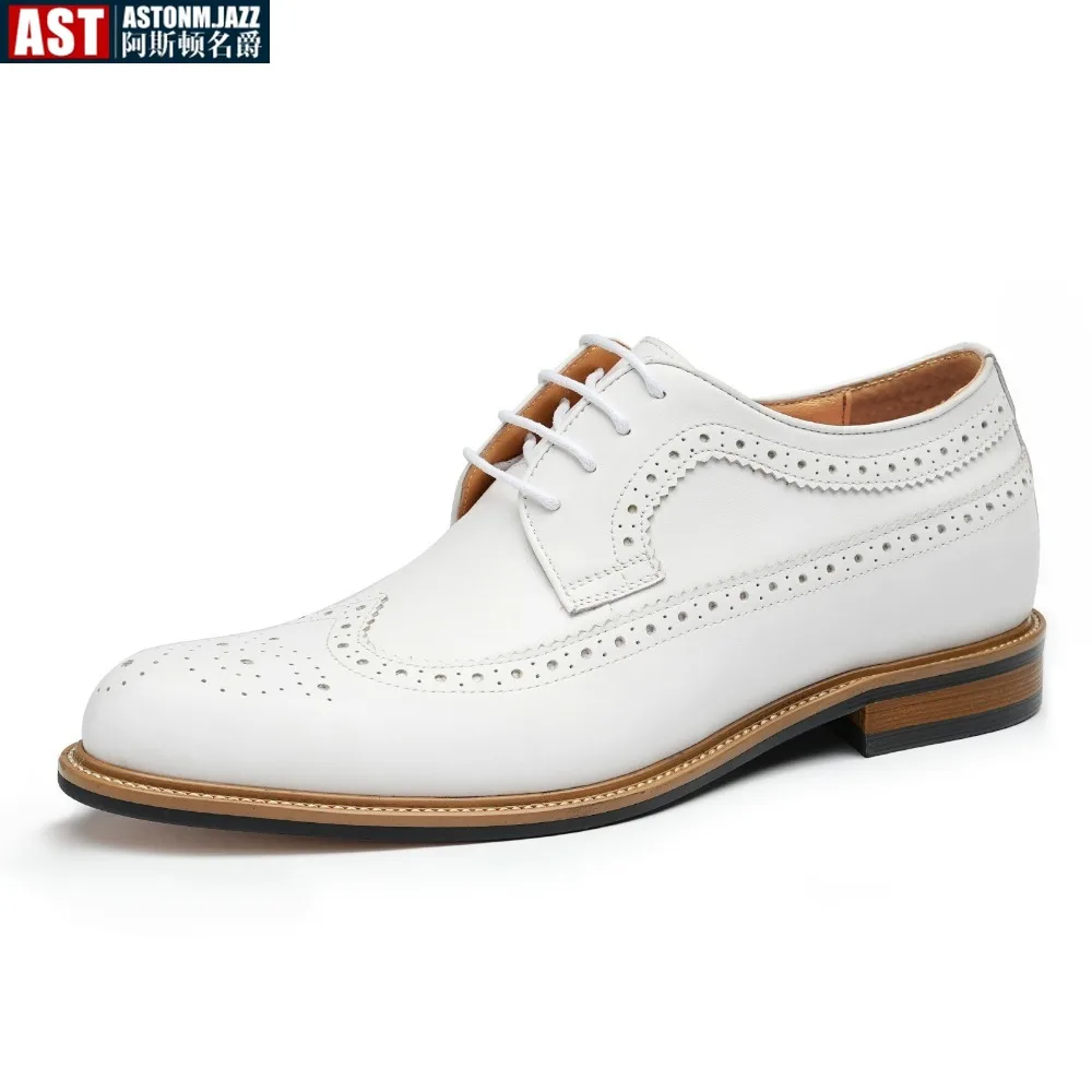 Luxury Men's Dress Shoes Genuine Leather Brogue Wingtip Toe Oxford White Lace-Up Business Wedding Formal Men Shoes