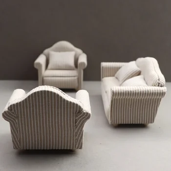 1: 12 Mini Furniture Sofa DIY Decoration Doll House Mini Furniture Living Room Furniture White Beige Sofa with Pillows 1