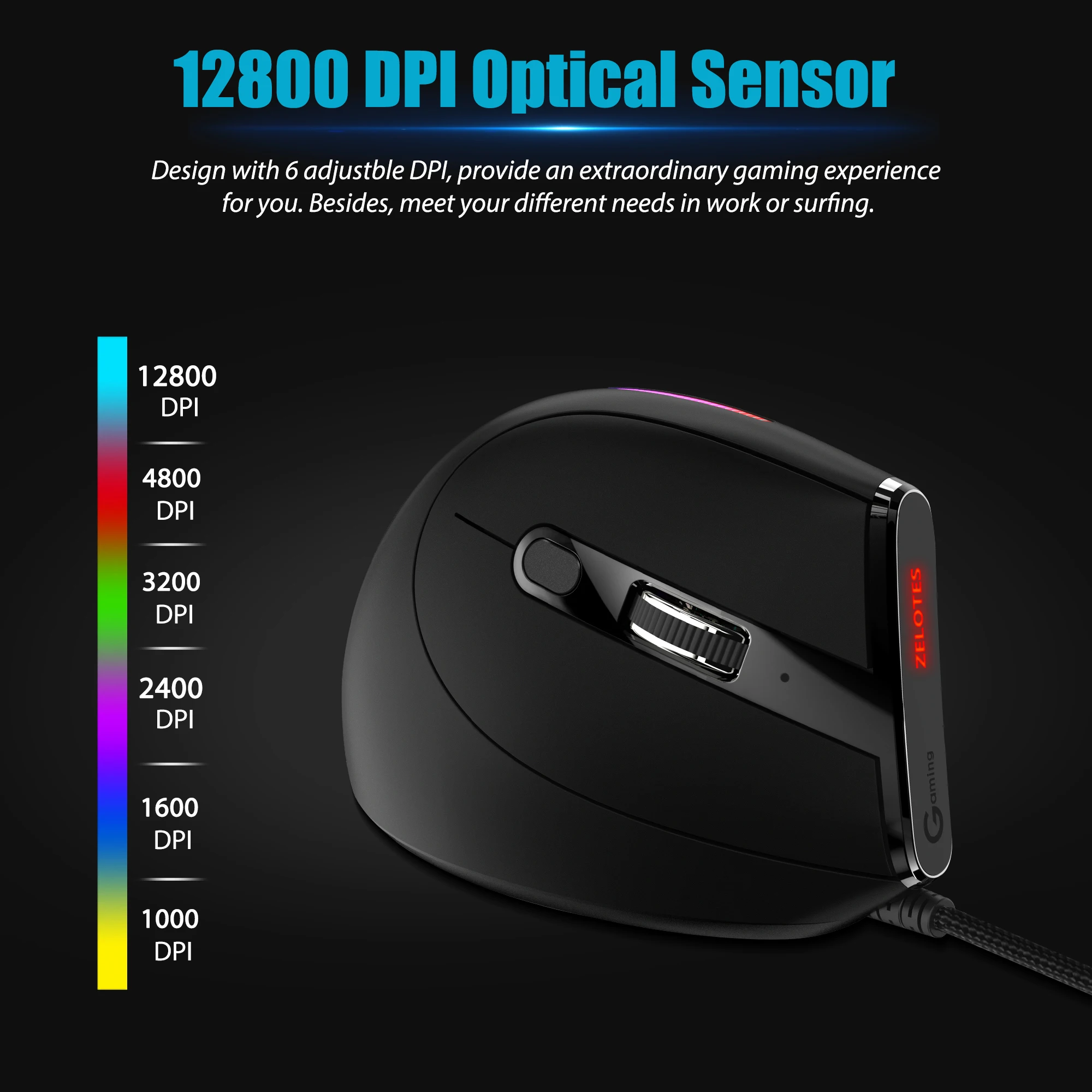 Gaming Mouse Optical Mouse Wired Mouse Lefon Wired Vertical Gaming Mouse RGB Ergonomic Mouse 9 Button Programmable 12800 DPI Optical Gamer Mice for Laptop Pc Gamer T50