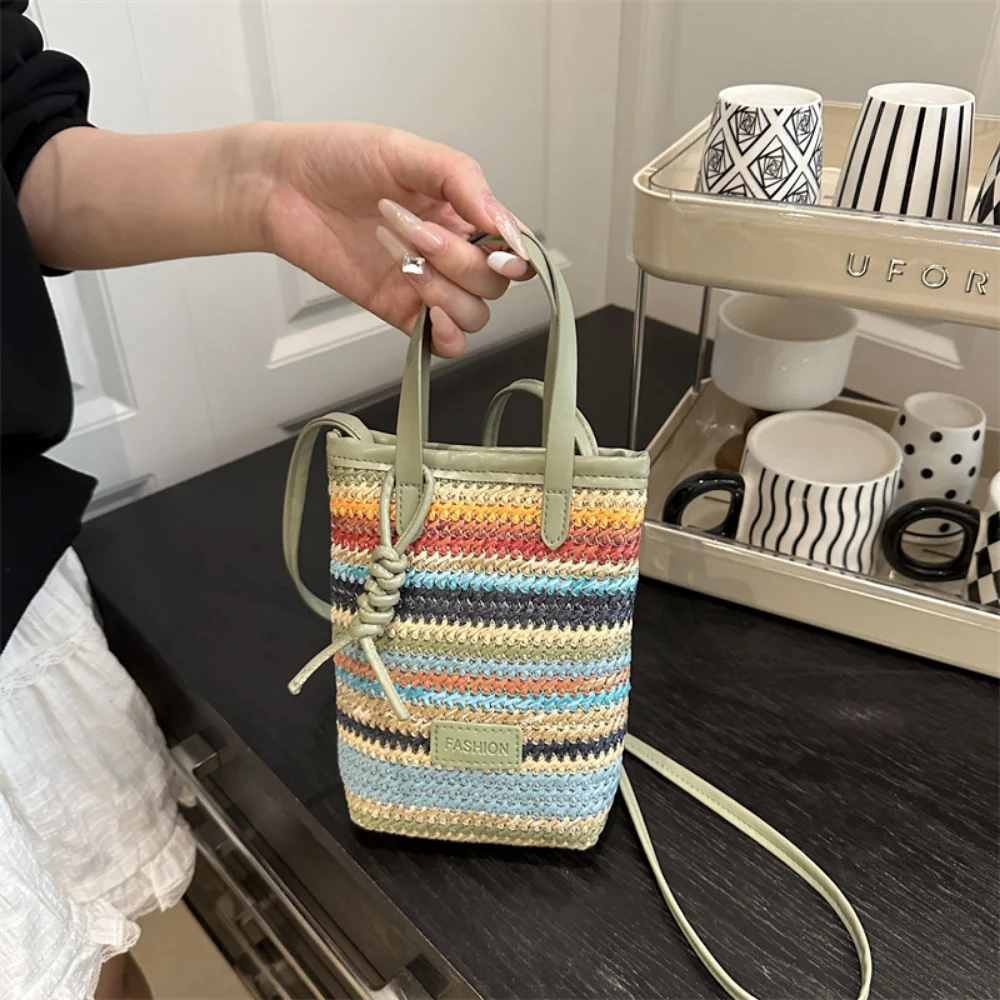 Small Bag Women's Summer New Popular Versatile Contrasting Color Straw Messenger Bag Casual Fashion Shoulder Bucket Bag