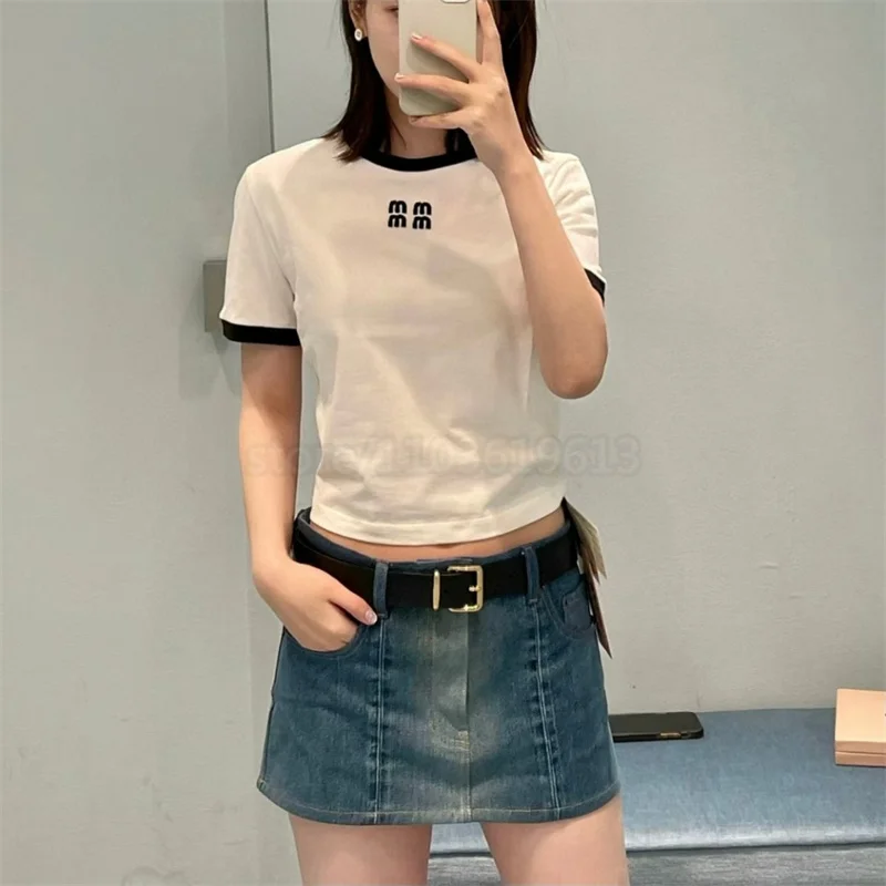 

Женская футболка с вышивкой и надписью, элегантная эластичная трикотажная футболка белого цвета, модель 2024ss на лето, 529948