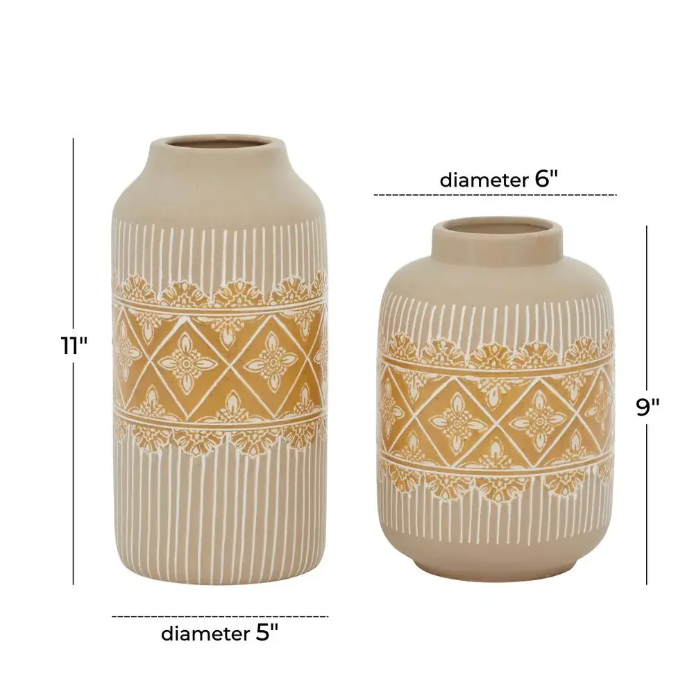 Boho Beige Ceramic Vase Set of 2 Handmade Floral Pattern Home Decoration - Image 3