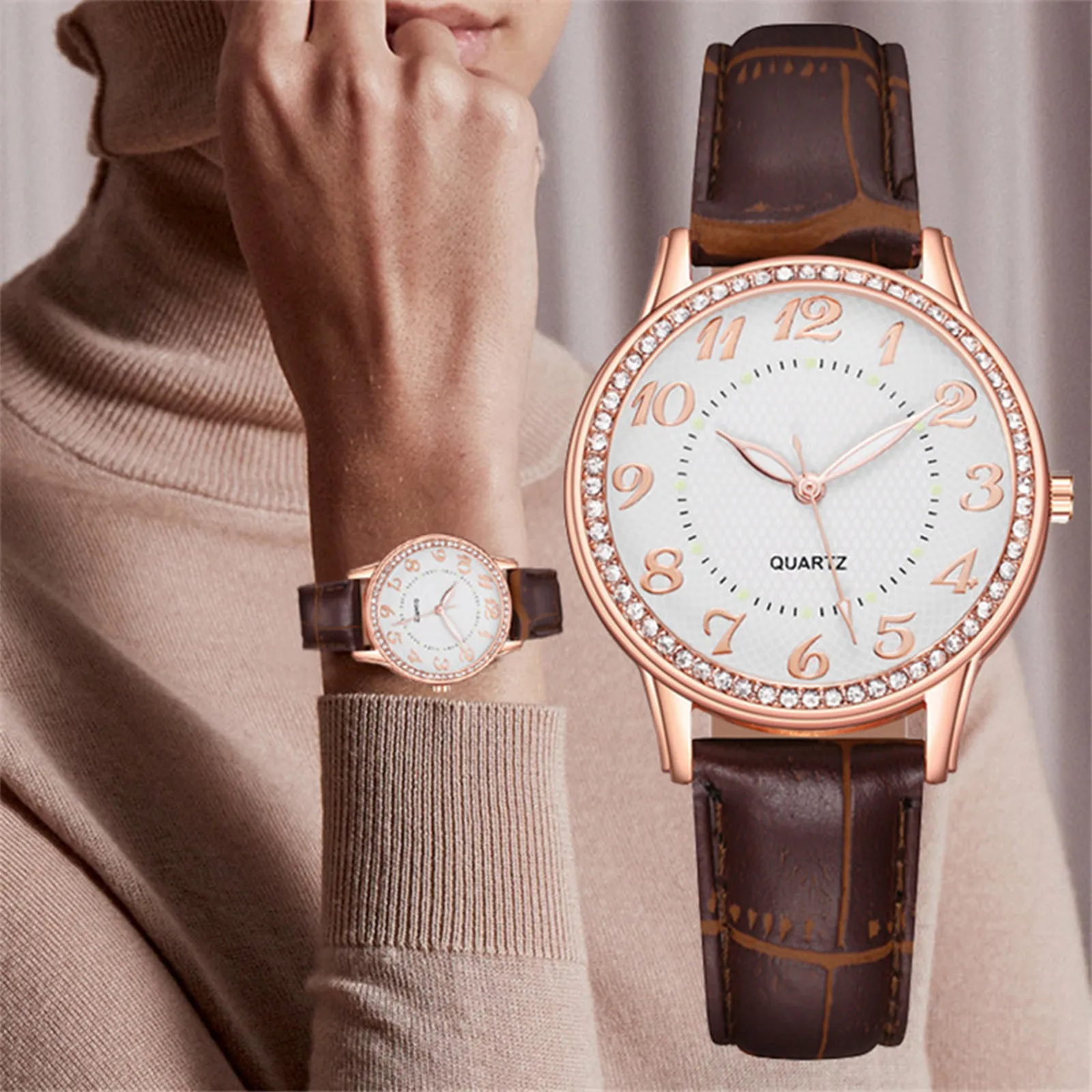 

Women's Watch Luxury Diamond Arabic Numeral Disc Analog Quartz Wristwatch Fashion Leather Watch Luminous Hands Casual Ladies