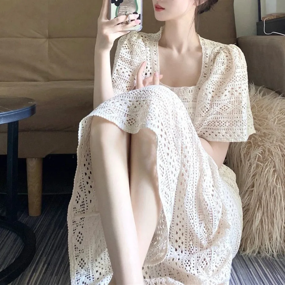 

2024 New Long Dresses Female Versatile Casual Summer Frocks Elegant Women Lace Maxi Dress Square Collar Slim Hollow Out Beige