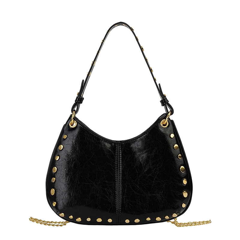 PU Leather Rivet Underarm Bag with Chain Vintage Shoulder Bag Casual Rivet Handbag Shopping Date Travel Crossbody Bag