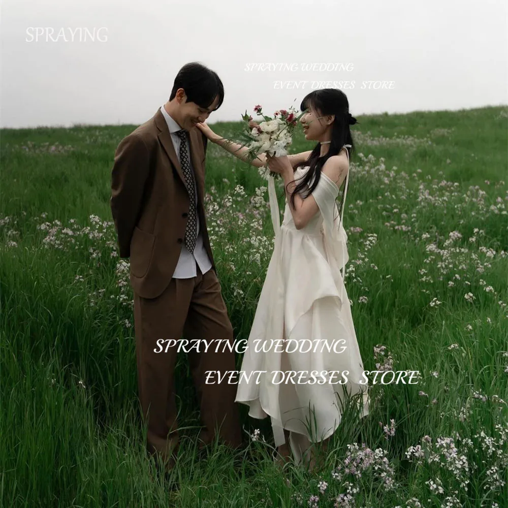 SPRAYING Korean Wedding Photography Simple Satin One-Shoulder Bridal Gown Pleat Long A-line Corset Back Wedding Robe Customized