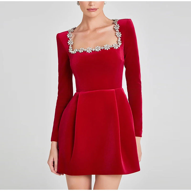Elegant Rhinestone Decor Velvet Mini Dress Black Square Neck Long Sleeve High Waist A-line Dresses Lady Evening Party Gown
