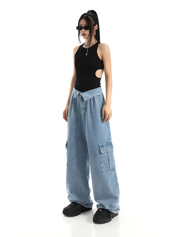 

Casual Blue Cargo Jeans High Waist Vintage Streetwear Baggy Pants Women Oversized High Street BF Style Y2K Straight Trousers New