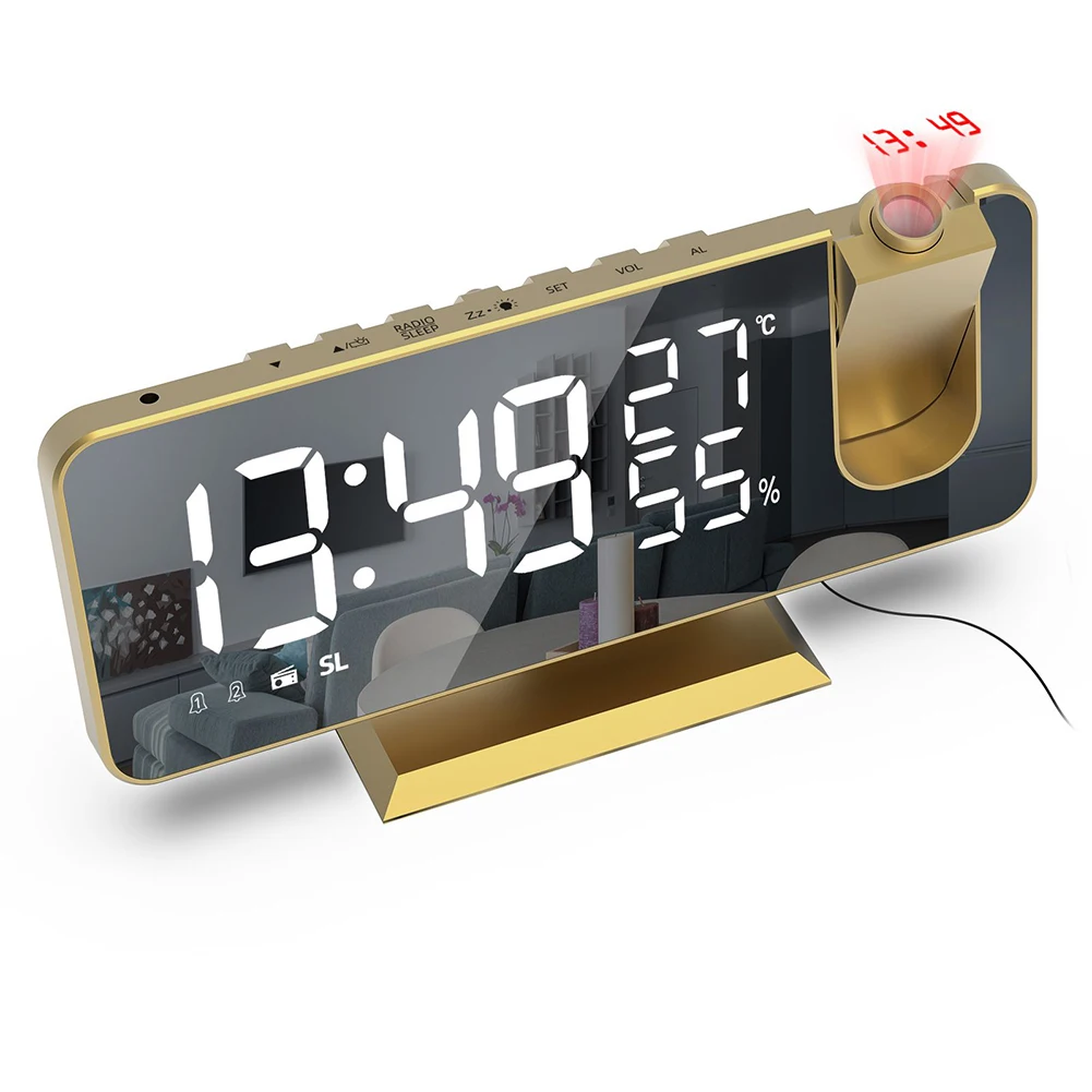 

High Quality Alarm Clock USB Cable Clock Projector Dual Alarm Gold Humidity Inch LED Mirror Screen Automatic Lock