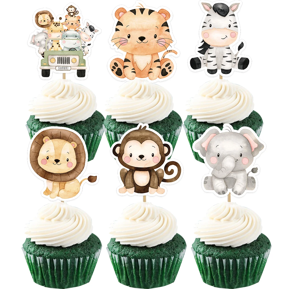 24pcs Cake Topper Carton Wild Animal Cupcake Topper For Kids Jungle Safari Forest Birthday Party Decoration DIY Cupcake Supply
