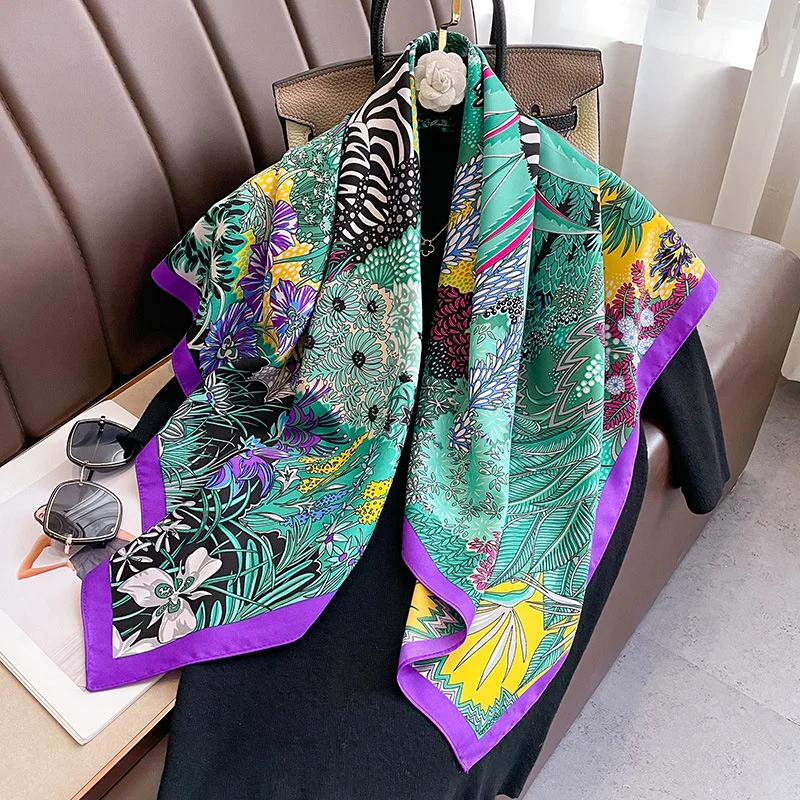 2024 New Twill Square Silk Scarf for Women Design Floral Print Wraps Stoles Hijab Foulard Headband Fashion Lady Shawl Bandana 1