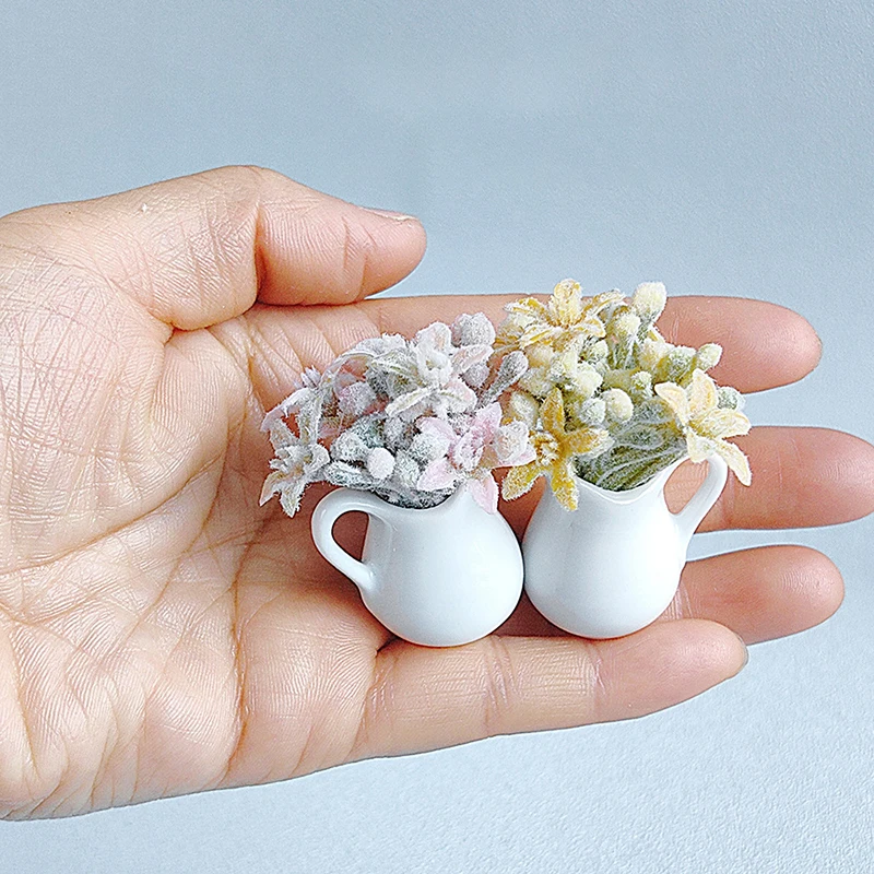 

1:12 Dollhouse Miniature Milk Bottle Flocking Flower Plant Flower Pot Model Home Decor Toy Model Doll House Accessories