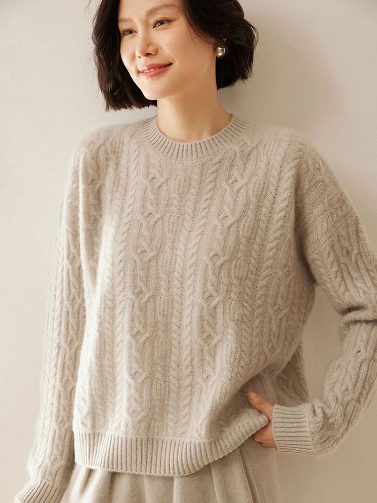 New Chic Women Cashmere Cable Knit Sweater O-neck Pullover Autumn Winter Thick Long Sleeve 100% Cashmere Knitwear Vintage Style 2