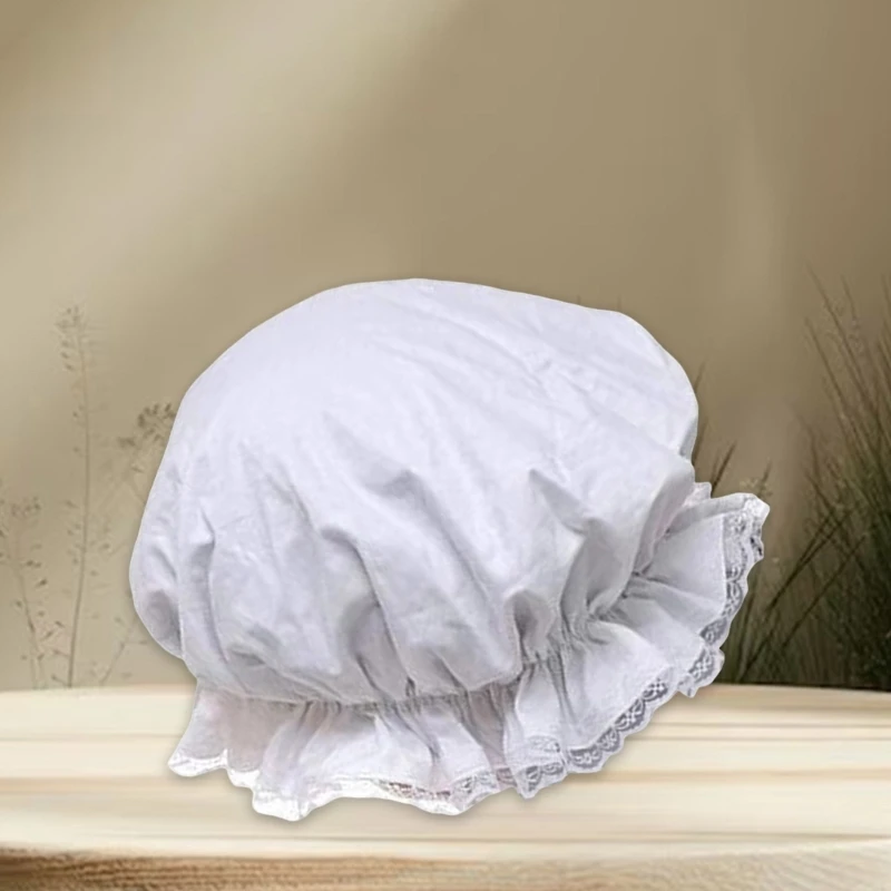 Women Breathable Satin Lace Bonnet Lady White Elastic Brim Maid Hat for Stage Role Playing and Halloween Costume Cosplay Props 3