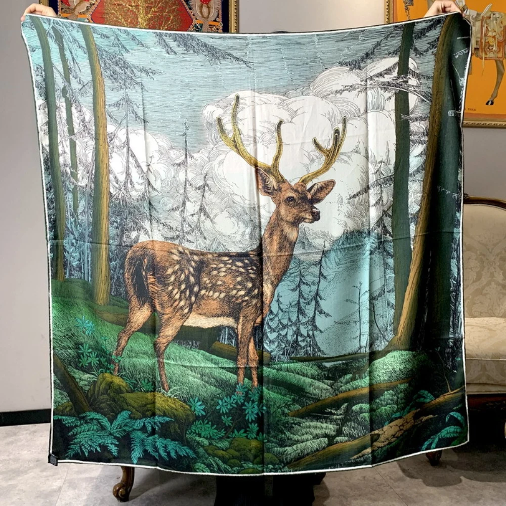 

North European Elk in Forest High-grade Double-sided Printed Silk Wool Square Scarf Women Autumn Scarf Versatile Shawl SR36