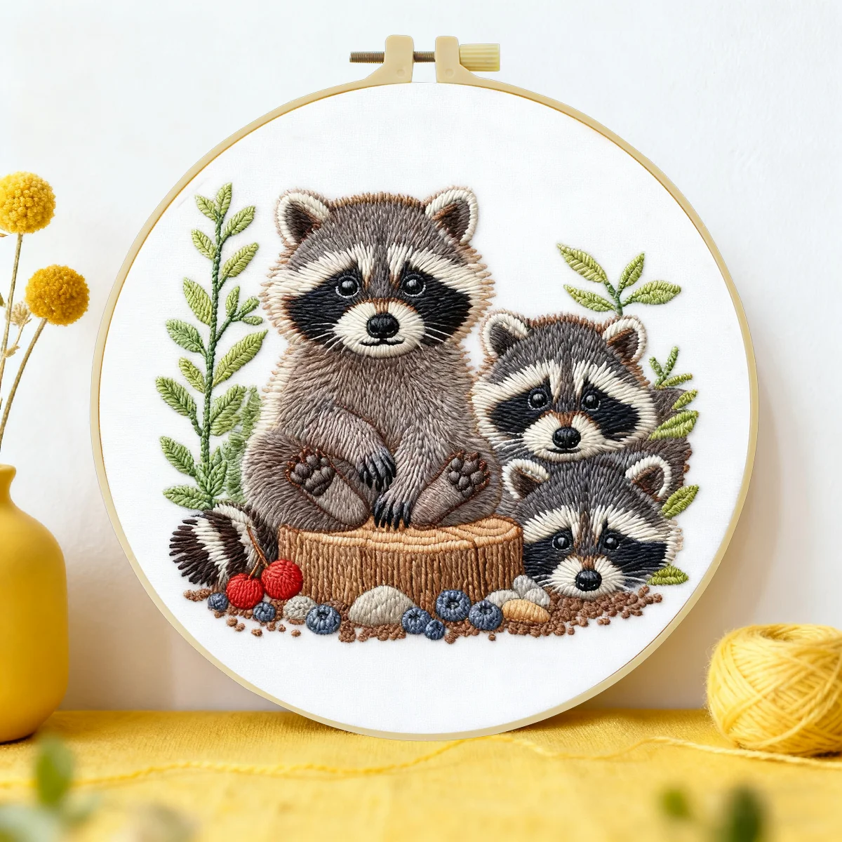 1 Stück 20X20CM/15X15CM 7,87/6,3 Zoll Waschbär-Stickerei-Starter-Kit DIY-Kit DIY-Stickerei-Set Handarbeiten Nadelkunst Heimdekoration