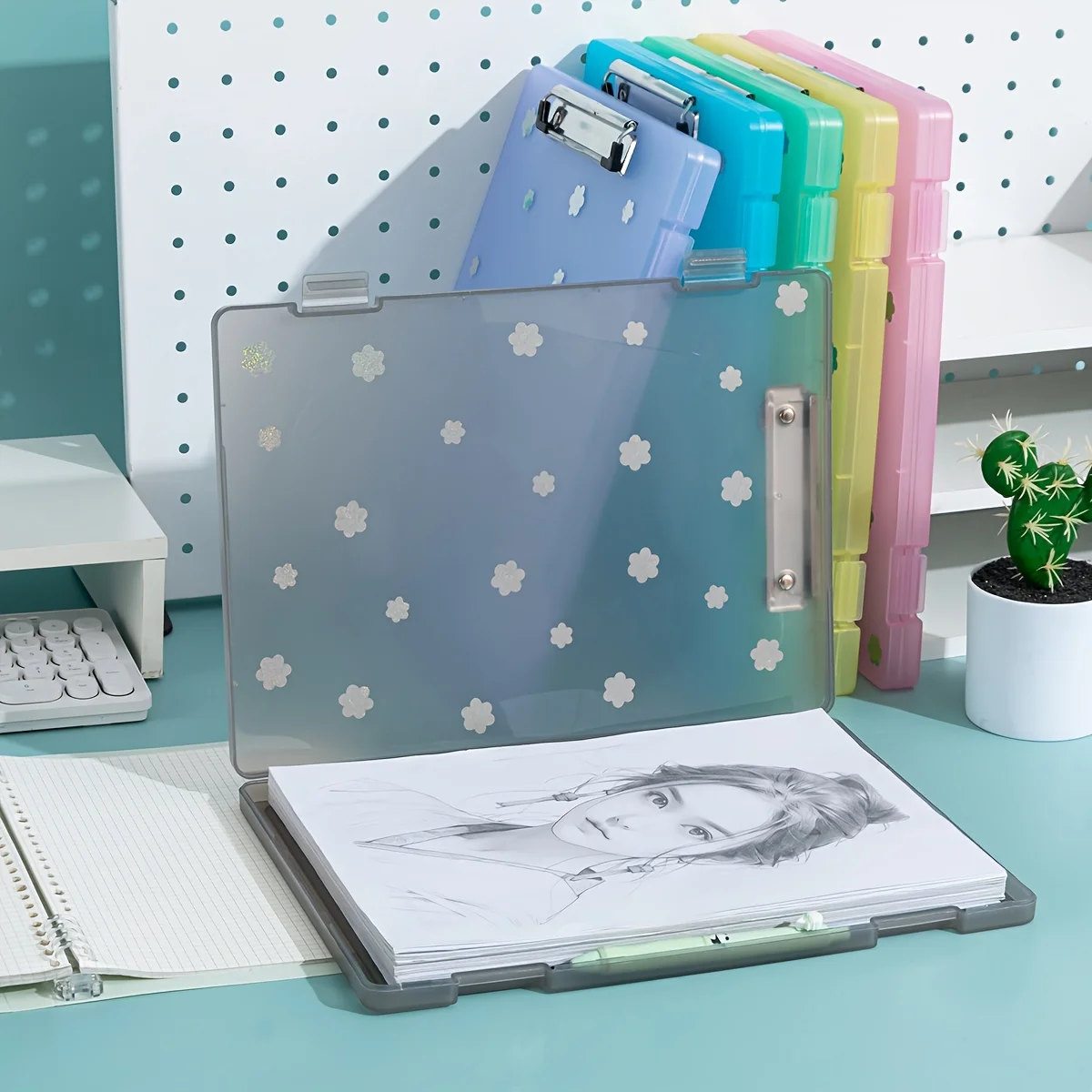 Floral Plastic File Folder with Writing Pad and Pen Slot Large Capacity Rectangular Office Organizer Box