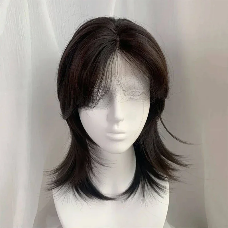 로리타 합성 가발 앞머리 레이스 울프 테일 짧은 곱슬머리 실버 그레이 레이어드 데일리 플러피 가발 풀 헤드 유니섹스 데일리 할로