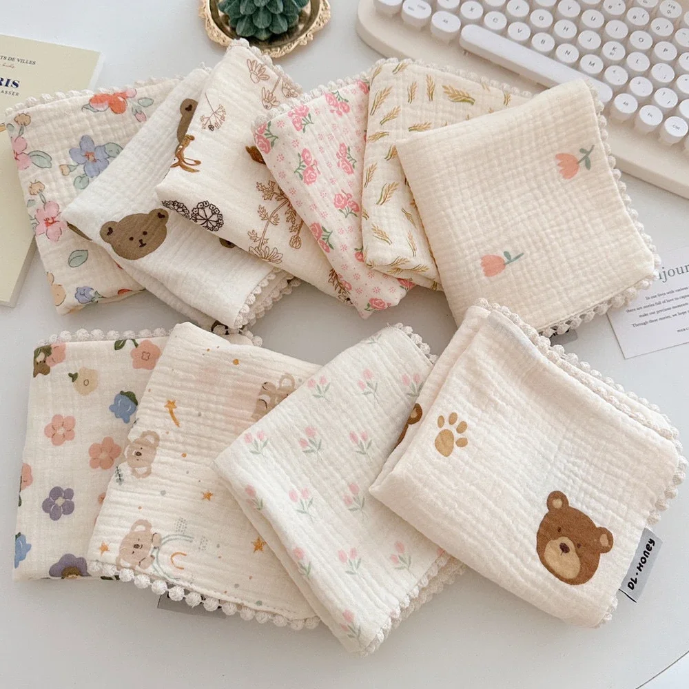 4 Layer Soft Newborn Muslin Handkerchief Infant Cartoon Cotton Feeding Towel Bibs Absorbent Saliva Burp Cloth Face Wipes 30x50CM