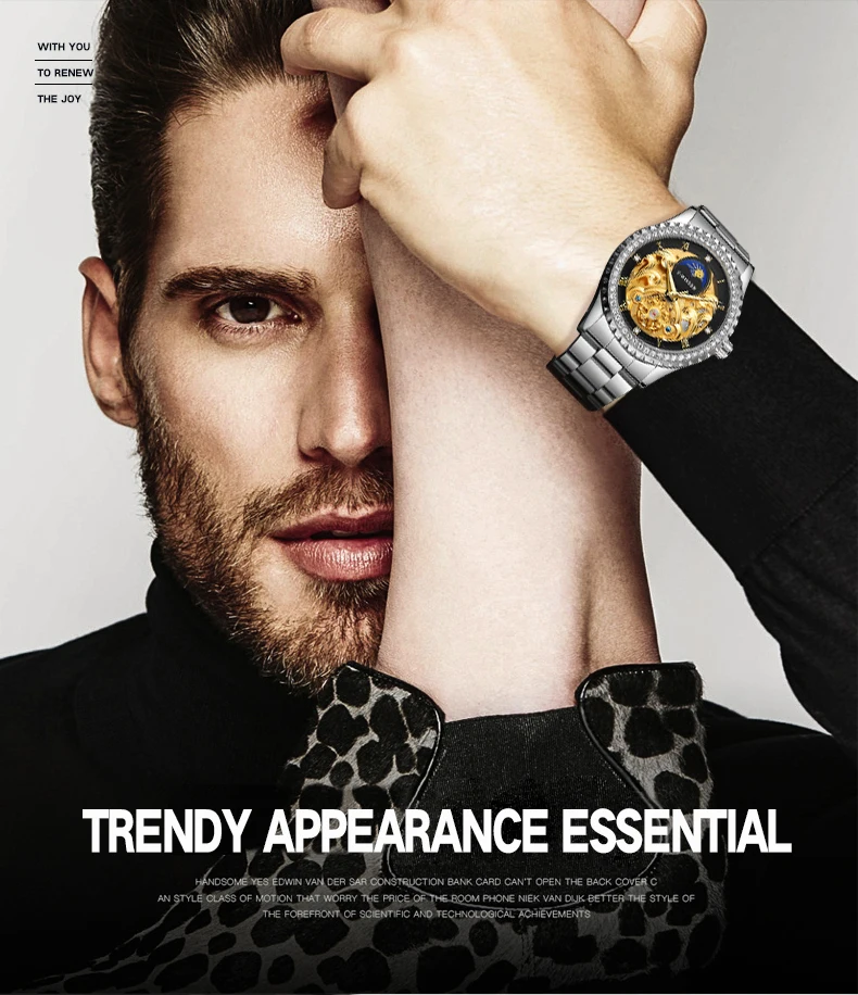 Winner Mechanical Watch Men Moon Phase Carved Skeleton Dial Men Watches Luxury Brand Design Fashion Wrist Watch Stainless steel