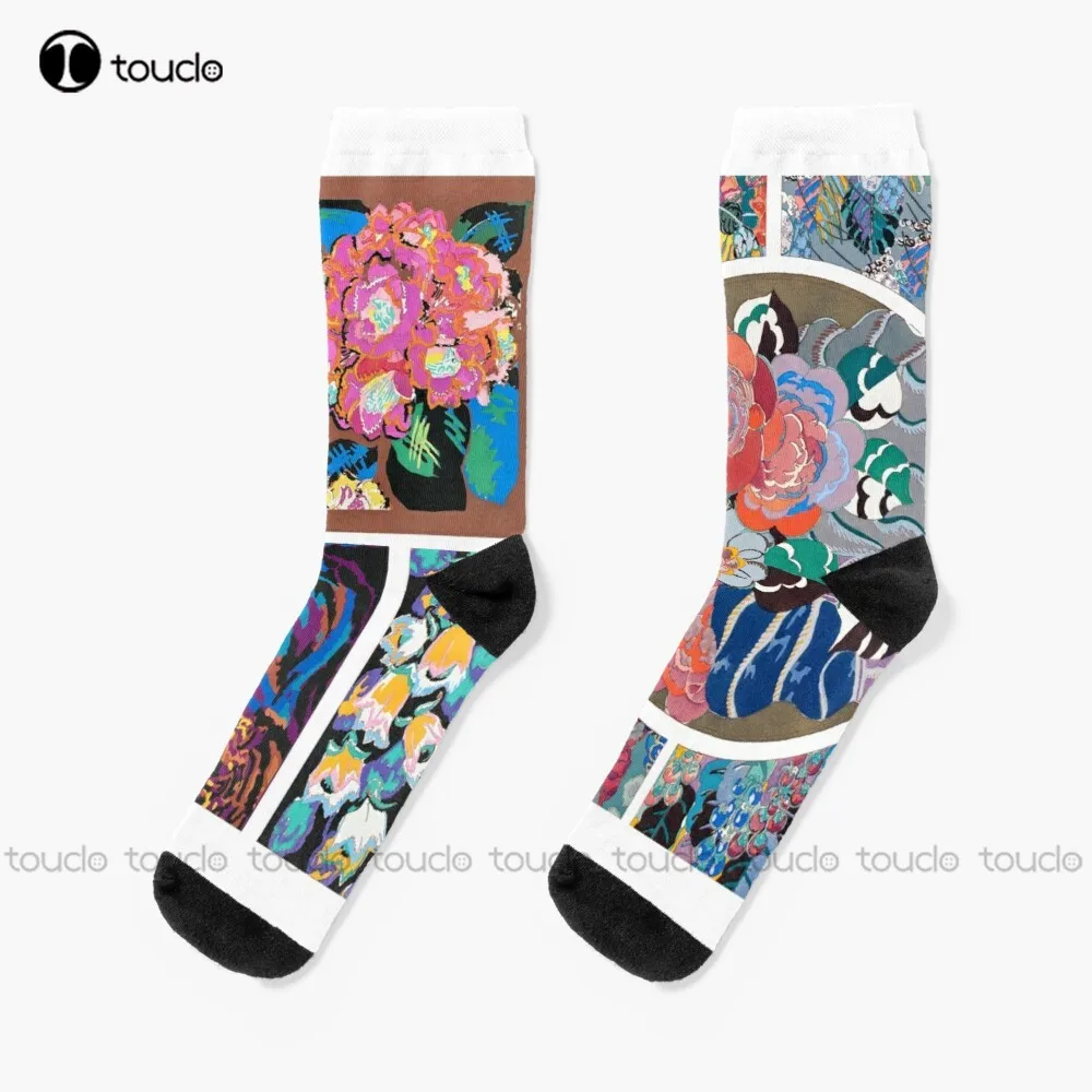 

Art Nouveau White Over Black Abstract Line Art Flower Pattern Vintage Flower Pattern/Abstract Colorful Decorative Socks Retro