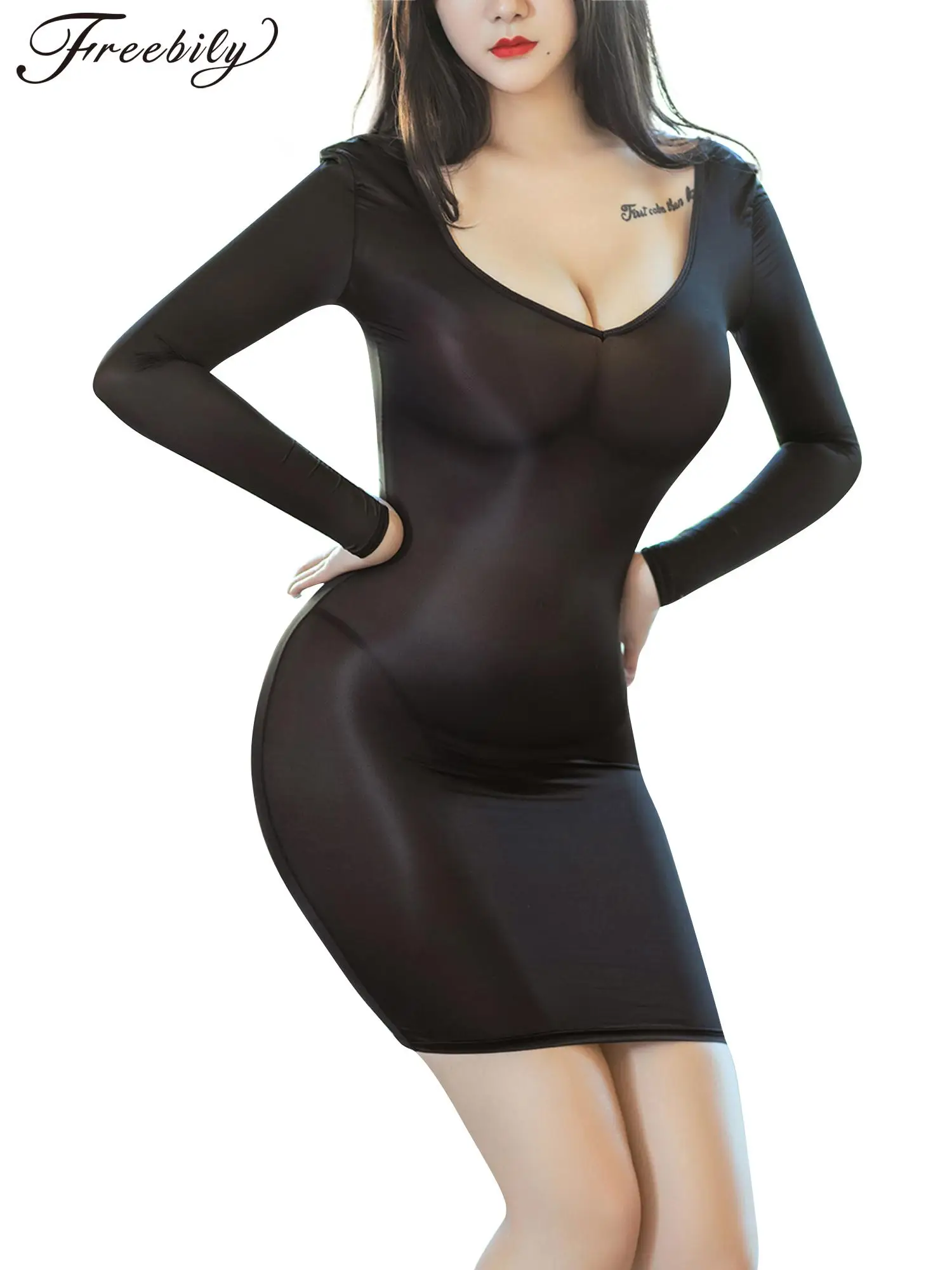 Women Sexy Bodycon Dress Glossy Deep V Neck Long Sleeve Night Dress women-sexy-bodycon-dress-glossy-deep-v-neck-long-sleeve-night-dress