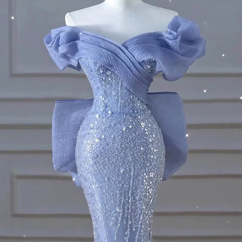 Evening Dress Blue Fashion Boat Neck Sequins Pleat Floor-Length Lace Up Short Sleeves Mermaid Party Formal Dresses Woman B2742