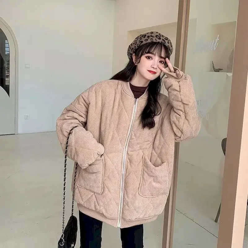 Women Thick Jackets V-neck Puffer Corduroy Parkas High-Quality Warm Vintage Wild Coats New 2023 Autumn Winter Female Overcoat