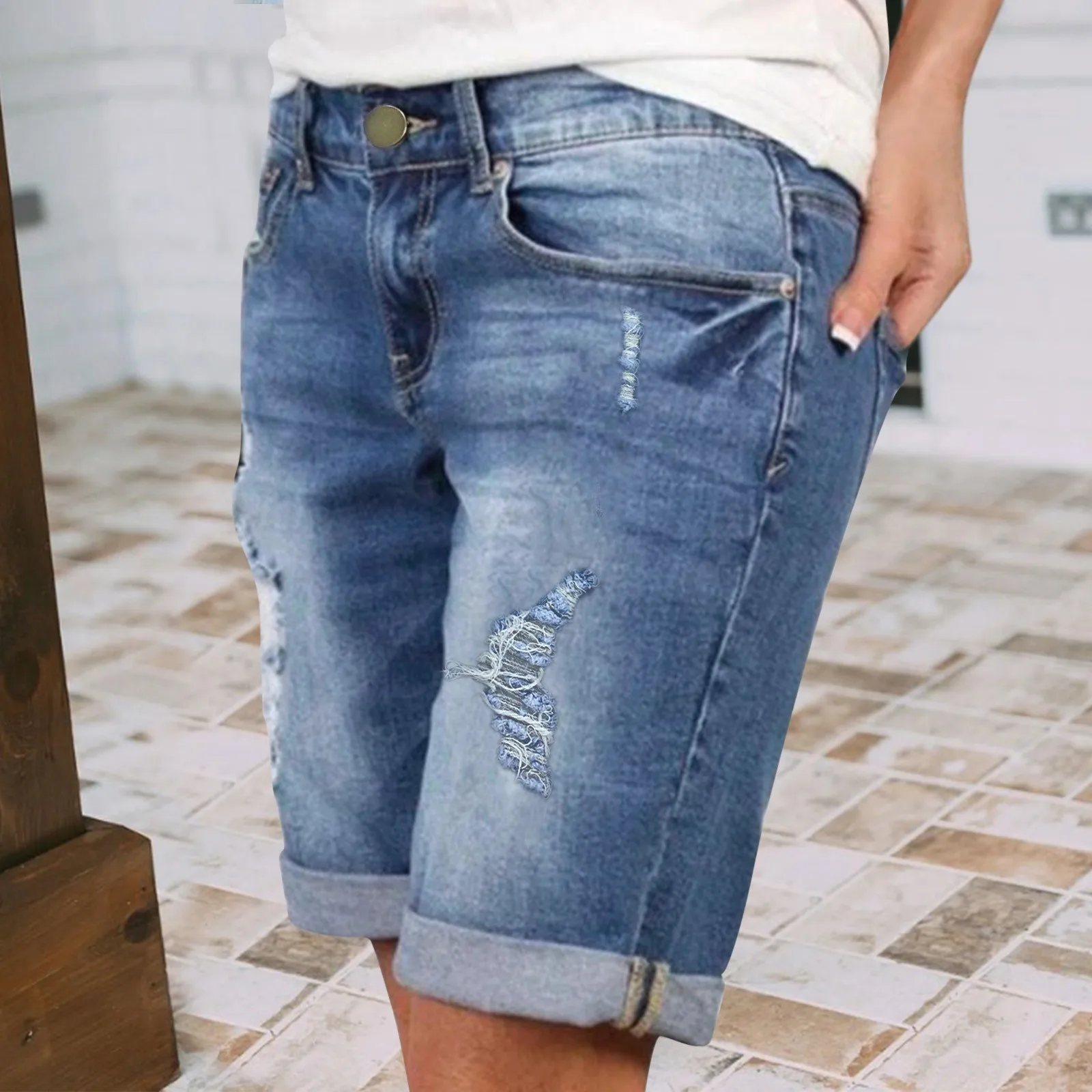 

Women Summer Shorts Pants Sexy Jean High Waist Slim Hole Pants Pocket Casual Loose Shorts Cuffs Ripped Jeans Elegant Streetwear