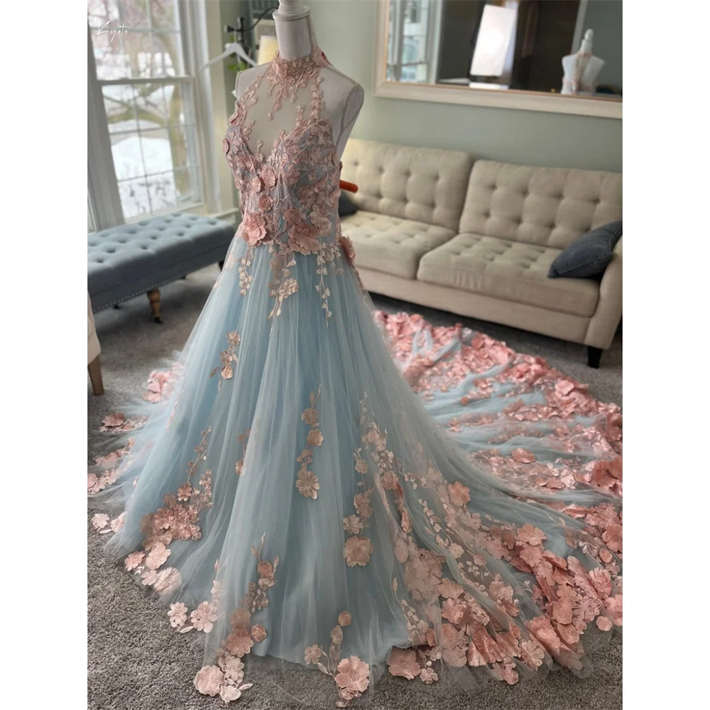 chinese dress ladies Blue – A Line Floral Tulle Halter Long Prom Dress with Ruffles and Beading Blue / 00