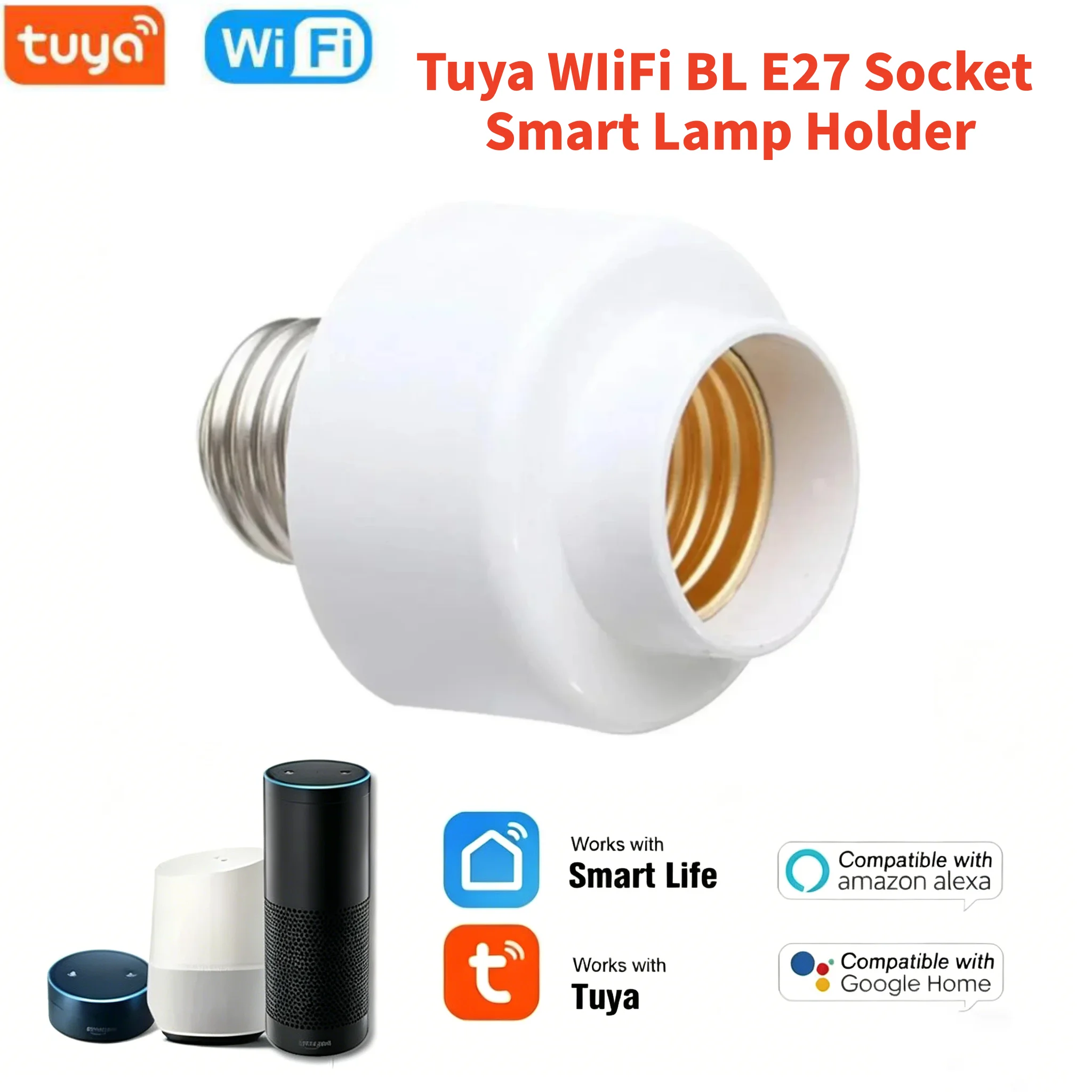 שקע חכם Tuya WiFi BL E27, מתאם למנורות, מתג תאורה למטבח וחדר שינה, שליטה קולית עם Alexa ו-Google Home