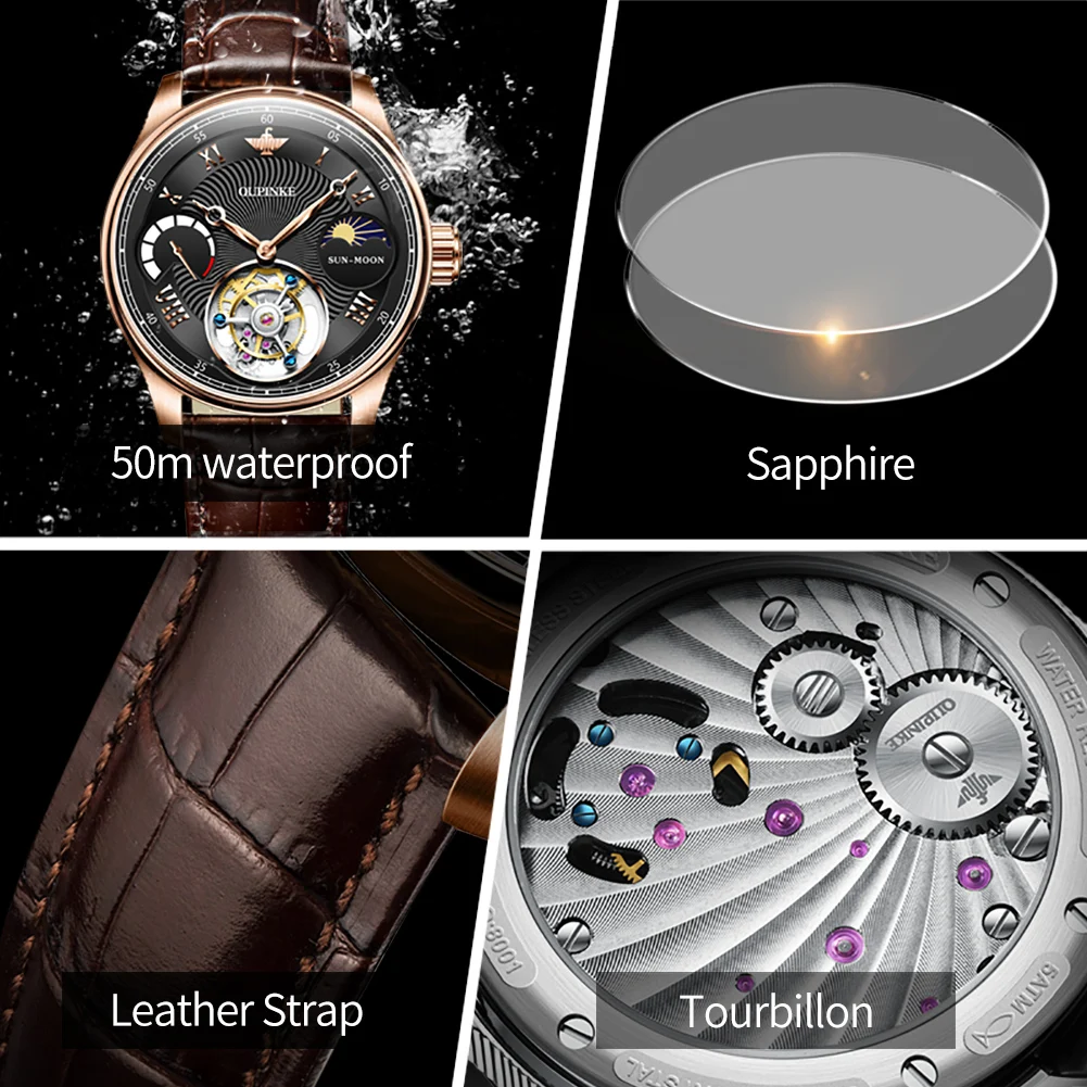 OUPINKE 8001 Watch For Men 50M Waterproof Moon Phase Man Watch Sapphire Mirror Hollowed Tourbillon Mechanical Male Wristwatches
