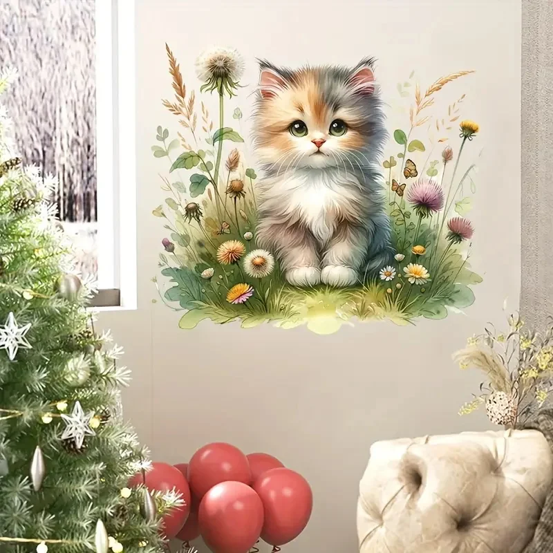 Toilet Stickers Kitten in the Flowers Decoration Living Room Bedroom Home Decor Flowers Wall Decals Self-Adhesive
